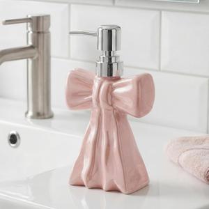 AceOrbit 3D Ceramic Pink Bow Soap Pump Dispenser Hand Lotion Liquid Dispenser Refillable Bathroom Decor Cute Countertop Accessory for Kitchen Restroom Decorative