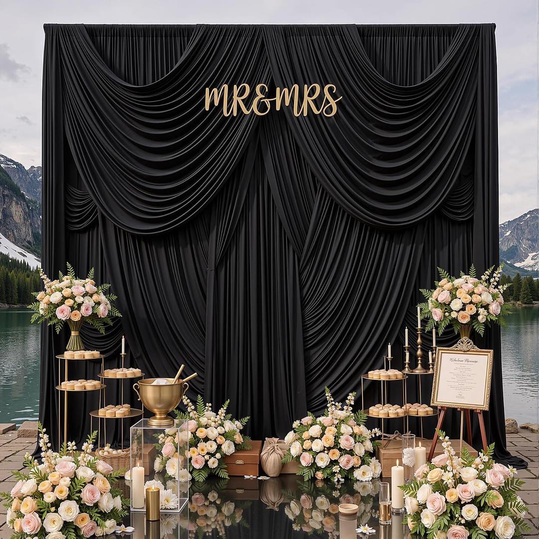50ftx14ft Black Backdrop Curtain for Wedding & All Parties | 10 Panels (5ftx14ft), Wrinkle-Free Stretch Fabric, Backdrop for Birthday, Baby Shower & Photo, Washable, Reusable, Ironable, W5' x H14'