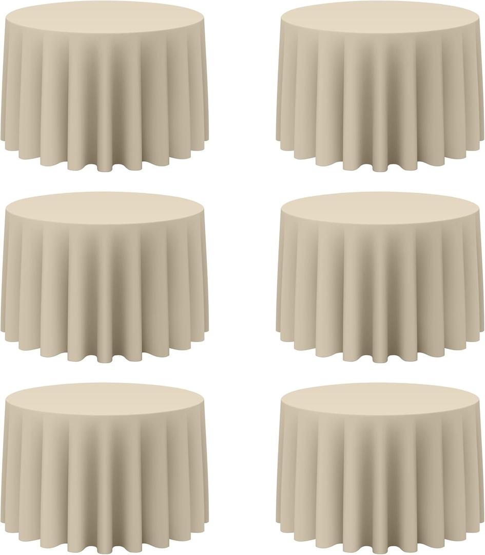 BRILLMAX 6 Pack Beige Round Tablecloths 108 Inch for 48 Tables - 150 GSM Polyester Fabric, Floor Length Drop, Water, Stain & Wrinkle Resistant Cloth Cover for Wedding Reception Banquet Dining