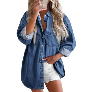 Womens Button Down Denim Shirts Fall Lapel V Neck Lightweight Oversized Long Sleeve Thin Casual Blouse Tops Pocket XL