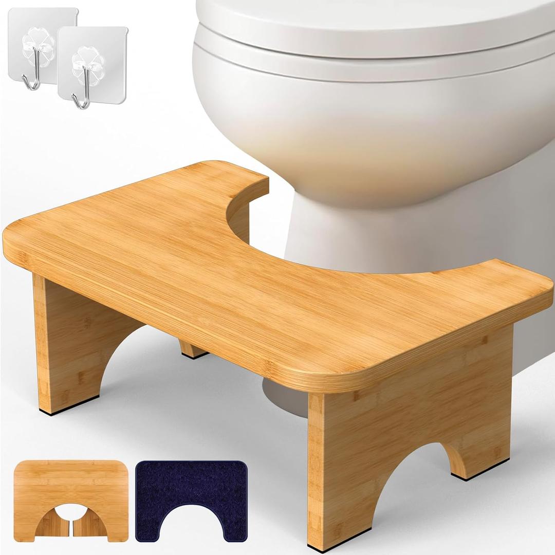 Bamboo Toilet Stool, 7 Foldable Potty Poop Bathroom Stool with Extra Soft Microfiber Rug and Hooks, Non-Slip Toilet Assistance Step Stool for Adult, Improve Squatting Posture - Healthy Gifts