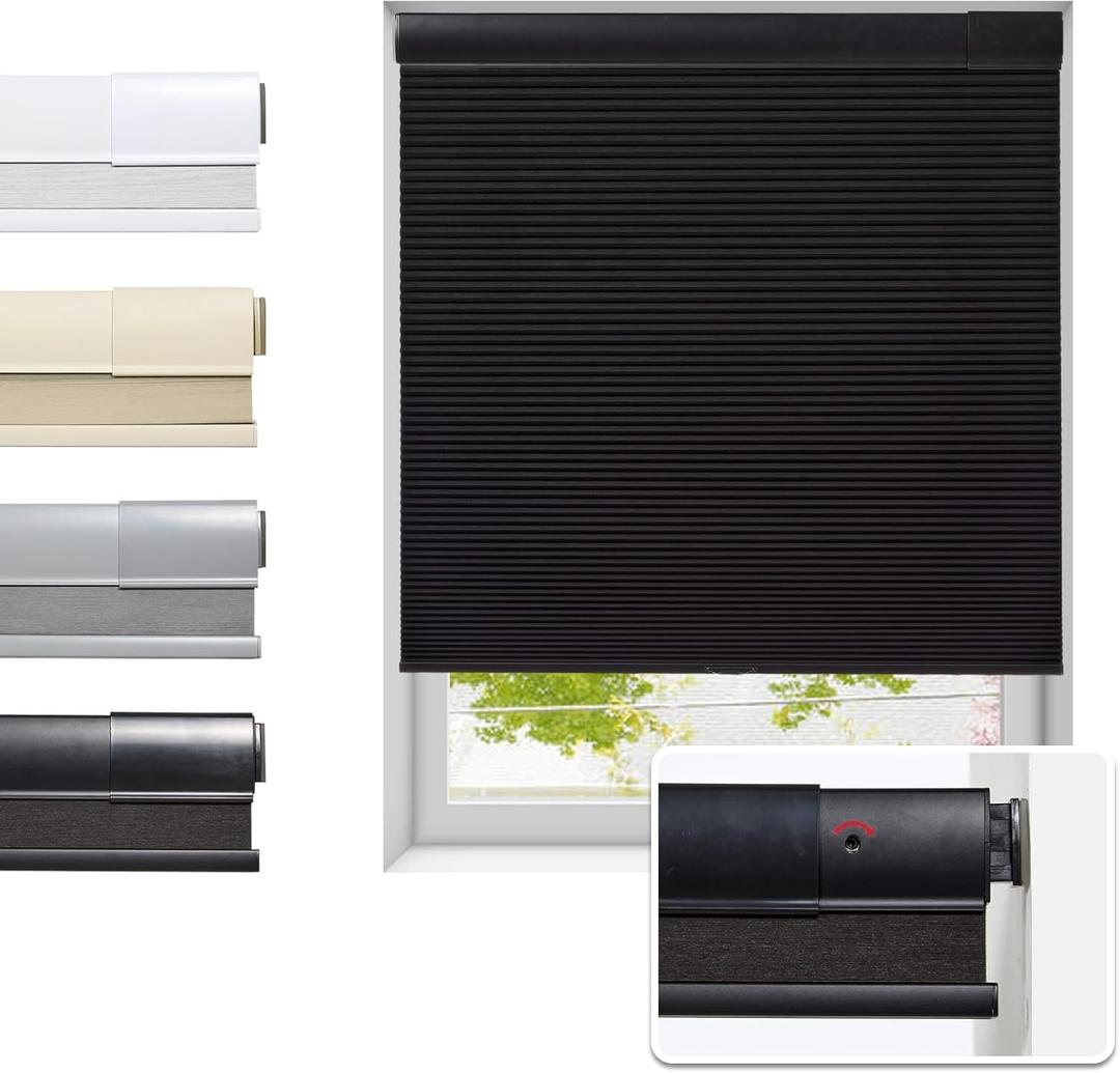 No Drill Cellular Shades for Indoor Windows, Thermal Insulating & Noise Reducing Honeycomb Blinds, Free Stop Cordless Blackout Shades, Black, 28 1/2" W x 64" H, Black 