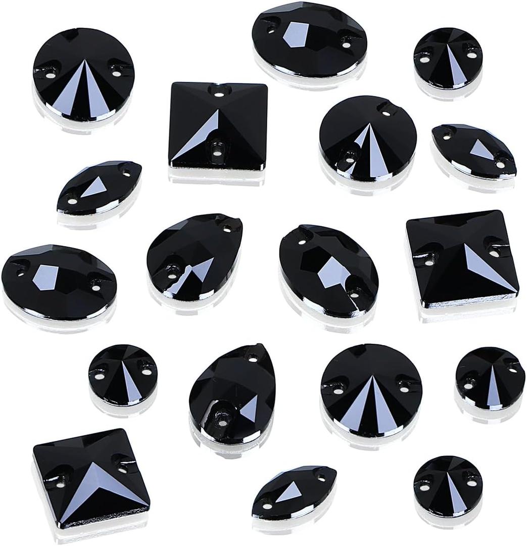 DONGZHOU Flatback Sew On Rhinestone,Sew On Crystal with Holes Mix Shape Glass Rhinestones Crystal Gems Sewing Stones for Clothes, Garments, Dress and ShoesJet