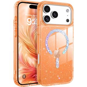 BENTOBEN Magnetic for iPhone 17 Pro Max Case, Clear Crystal Glitter Bling 17 Pro Max Phone Case [Compatible with MagSafe], Shockproof Sparkly Cute Women Girl Cover for iPhone 17 Pro Max, Cosmic Orange