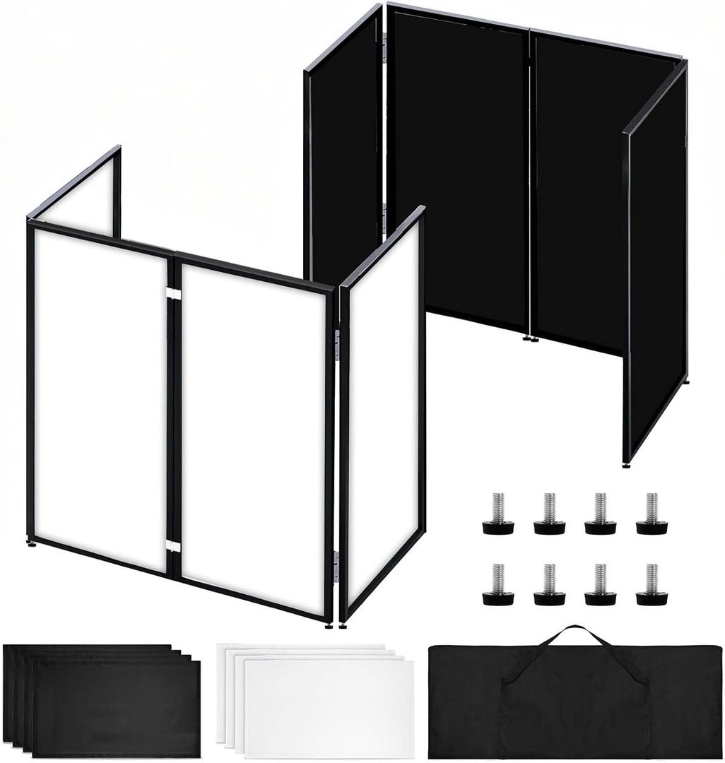 Portable DJ Booth Facade Stand, Foldable DJ Table 45"x40" Tabletop, DJ Facade Station for DJ Controller, Mixer & LaptopEvents&Parties Includes Carry Bag&Two Metal Corner Tables