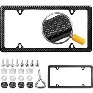 Real Carbon Fiber License Plate Frame, 100% Pure Carbon Fiber Frame, Black License Plate Holder Cover with Screw Caps, Anti-Vibration Pads (Twill 4 Hole)