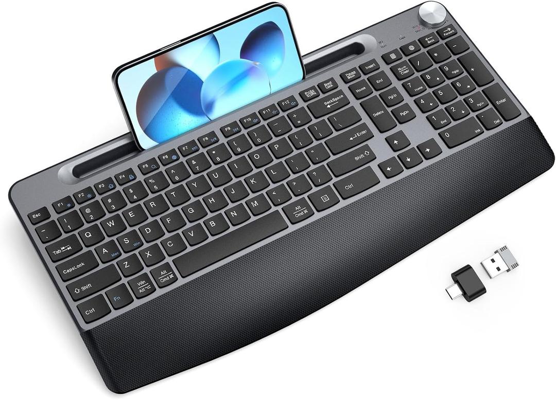 Ergonomic Wireless Keyboard with Wrist Rest-Low-Profile,Phone/Tablet Holder,Quiet DesignWindows & Mac OSFull Size Cordless USB Computer Keyboard for Desktop,Laptop, PC, Mac, Windows-Black (Grey)