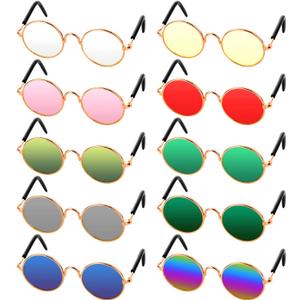 10 Pieces Cat Dog Sunglasses Funny Pet Glasses Round Metal Small Classic Retro Sunglasses Pet Hippie Cute Dog Cat Cosplay Party Costume Photo Props Cosplay Glasses(Mixed Color)