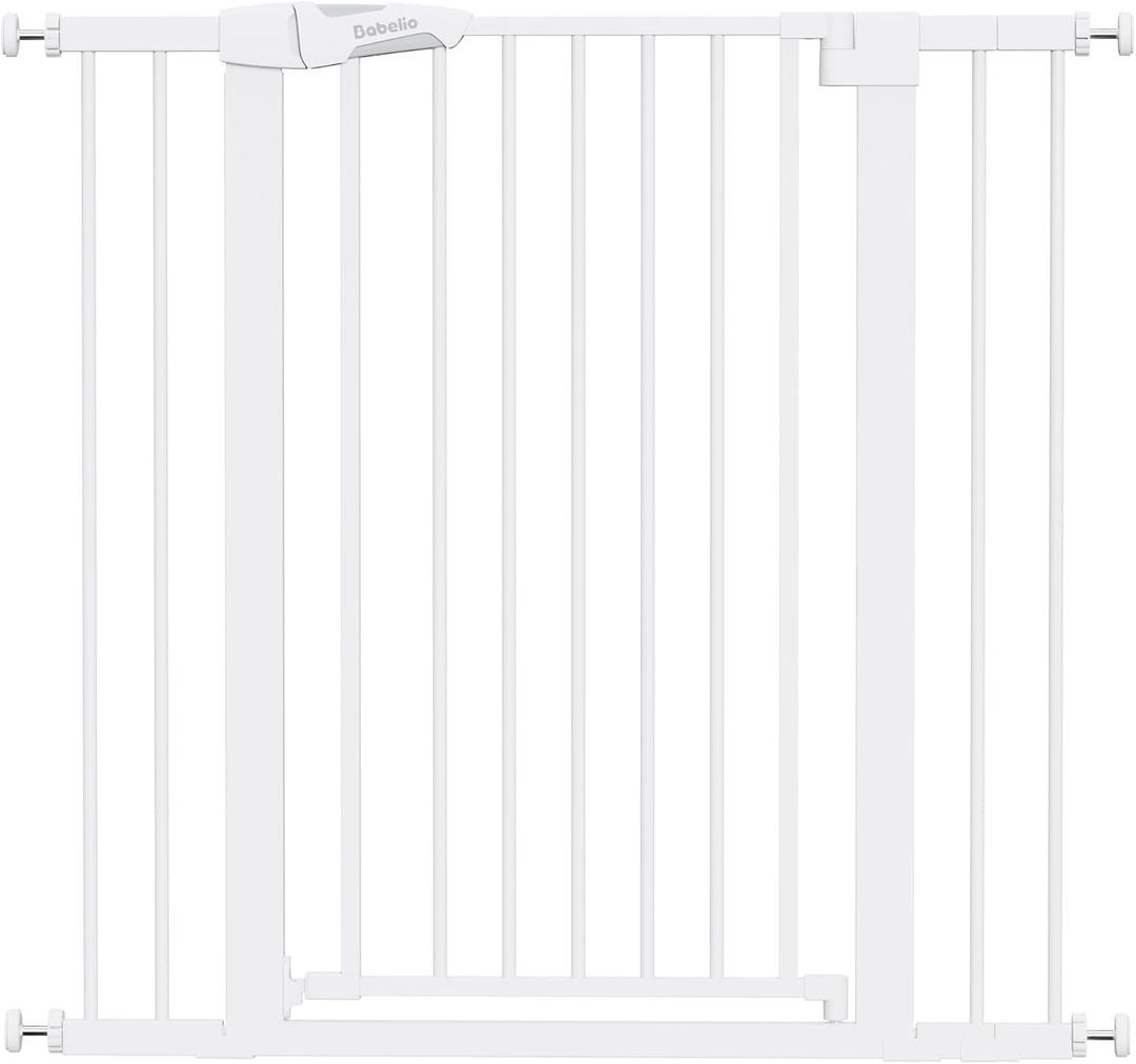 BABELIO 36" Tall Dog Gate PressGuard C5, 26-40" Wide Auto Close Baby Gate, Pressure Mounted Metal Pet Gate, Easy Install No Drilling, No Tools Needed, with Wall Protectors and Extension Kits, White
