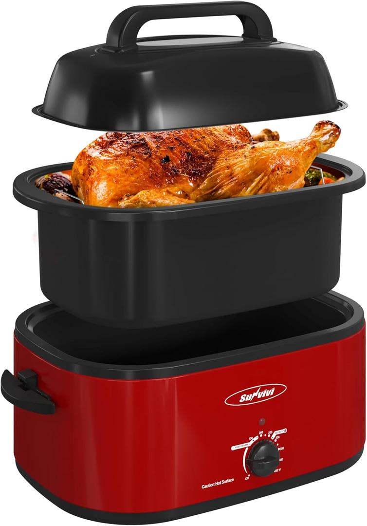 Sunvivi 24 Quart Electric Roaster Oven Turkey Roaster with Lid Electric Roasters with Removable Pan Large Roaster,Visible & Self-basting Lid, Fast Heating & Thaw/warming Setting,Red