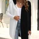 Womens Hooded Long Cardigan Color Block Open Front Knit Cardigan Oversized Lightweight Knit Sweater Outwear (S)