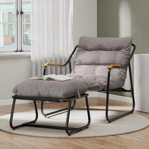 Patio Lounge Chair with Ottoman, Oversized Papasan Chair with Soft Cushion, Indoor/Outdoor Textilene Lounge with Teak Wood Handrail and Footstool for Living Room, Porch, Backyard or Garden