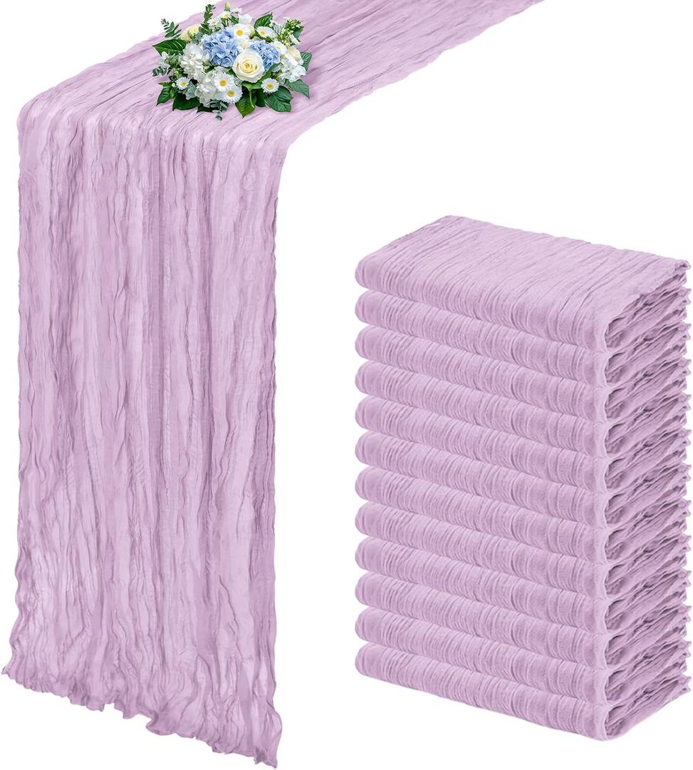 12 Pack Lavender Cheesecloth Table Runner 17x108 Inch Semi Sheer Boho Gauze Cheese Cloth Fabric Table Runners, for Wedding Party Baby Shower Birthday Home Decor Garden Farmhouse