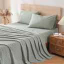 TOCOMOA Green Brown Gingham Sheets Bedding Set 100% Washed Cotton Like Linen Feel Breathable Soft Comfy 4-Piece Plaid Checkered Bed Sheet Set with 17" Deep Pocket Cute Aesthetic, King