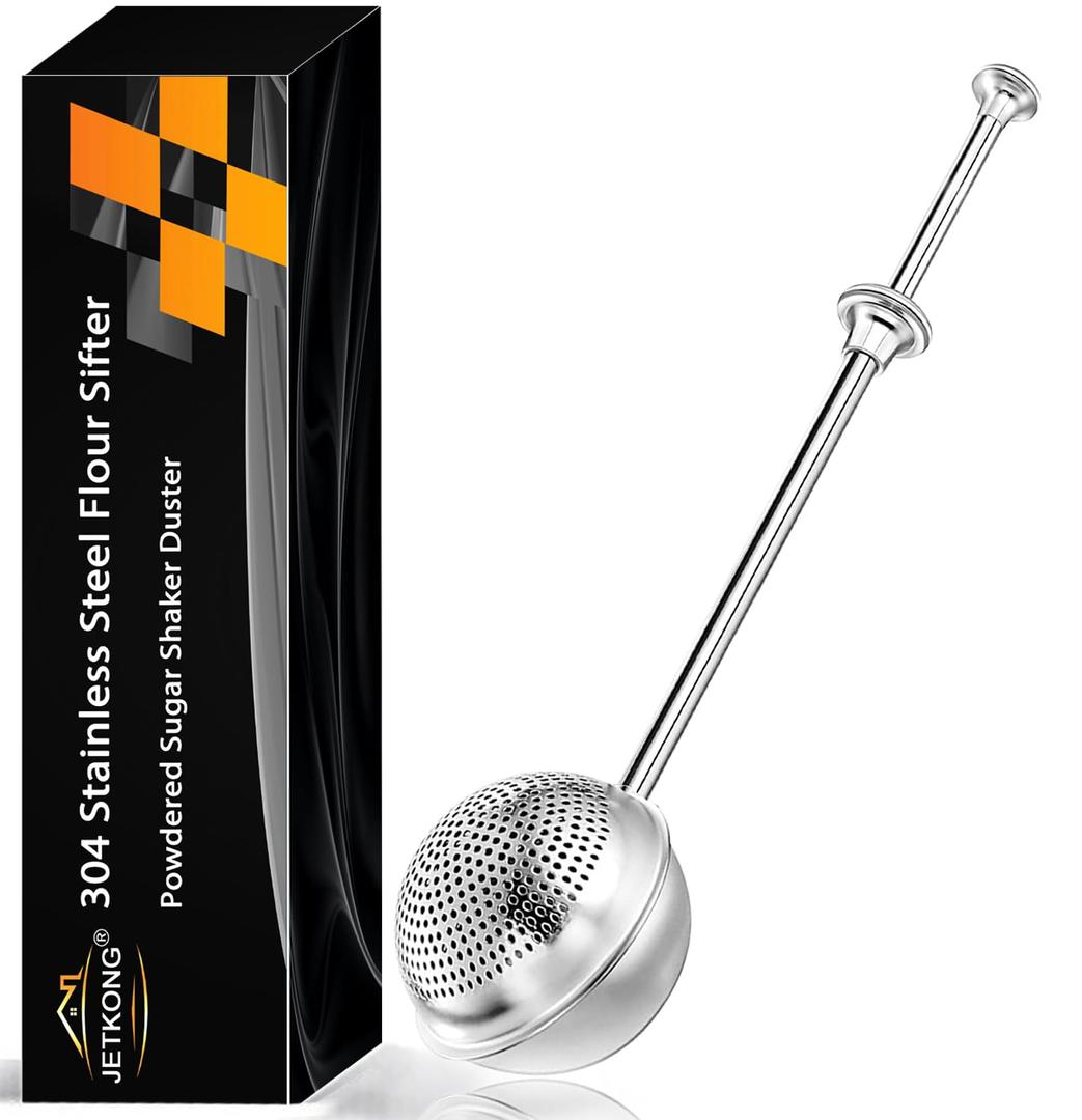 JETKONG Large Flour Duster for Baking, One-Handed Operation Sugar Sifter, 304 Stainless Steel Dusting Wand, Flour Sprinkler for Bread Baking (Large, Silver)