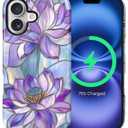 for iPhone 17 Case for Women Girl Men Boy, Compatible with MagSafe, Shockproof Soft Silicone & Hard PC Shell Protective Case for iPhone 17 - Stained Glass-Style Lotus Flowers