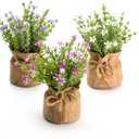 Velener Babys Breath Artificial Flowers in Small Burlap Bag Vases 3Pcs -Gypsophila Faux Flowers Farmhouse Home Coffee Table Bookshelf Office Desk Decorations Kitchen Dining Room Fake Plants Indoor (White/Purple/Pink)