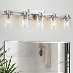 XGFOURSEVEN Brushed Nickel Bathroom Vanity Light, 5-Light Bathroom Light Fixtures with Clear Glass Shade, Nickel Wall Sconce for Bathroom Lighting (Brushed Nickel, 5 Light)