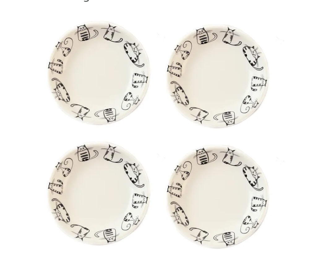 Cat Ceramic Side Sauce Dishes Seasoning Dish, Sushi Soy Dipping dish,Cookie Serving Dishes,Meow Porcelain Small Tea Bag Holder 6inch, Set of 4
