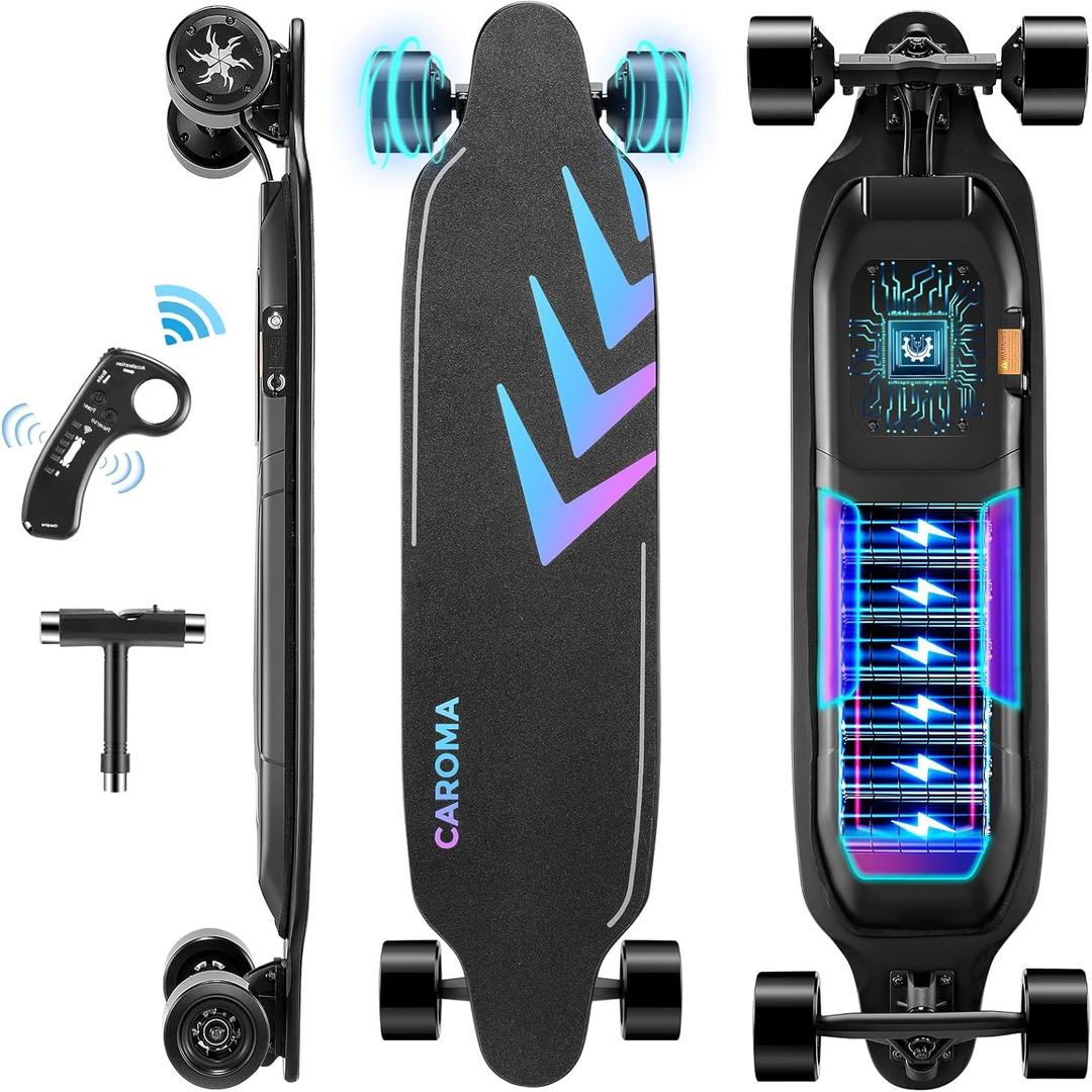 Caroma Electric Skateboards Glow in The Dark, 1200W Powerful Motor, 28MPH Top Speed, 4/6AH Battery, 16/28Miles Max Range, 4 Speed Mode Remote Control, Electric Longboard for Adults&Teens (4AH Arrow Blue)