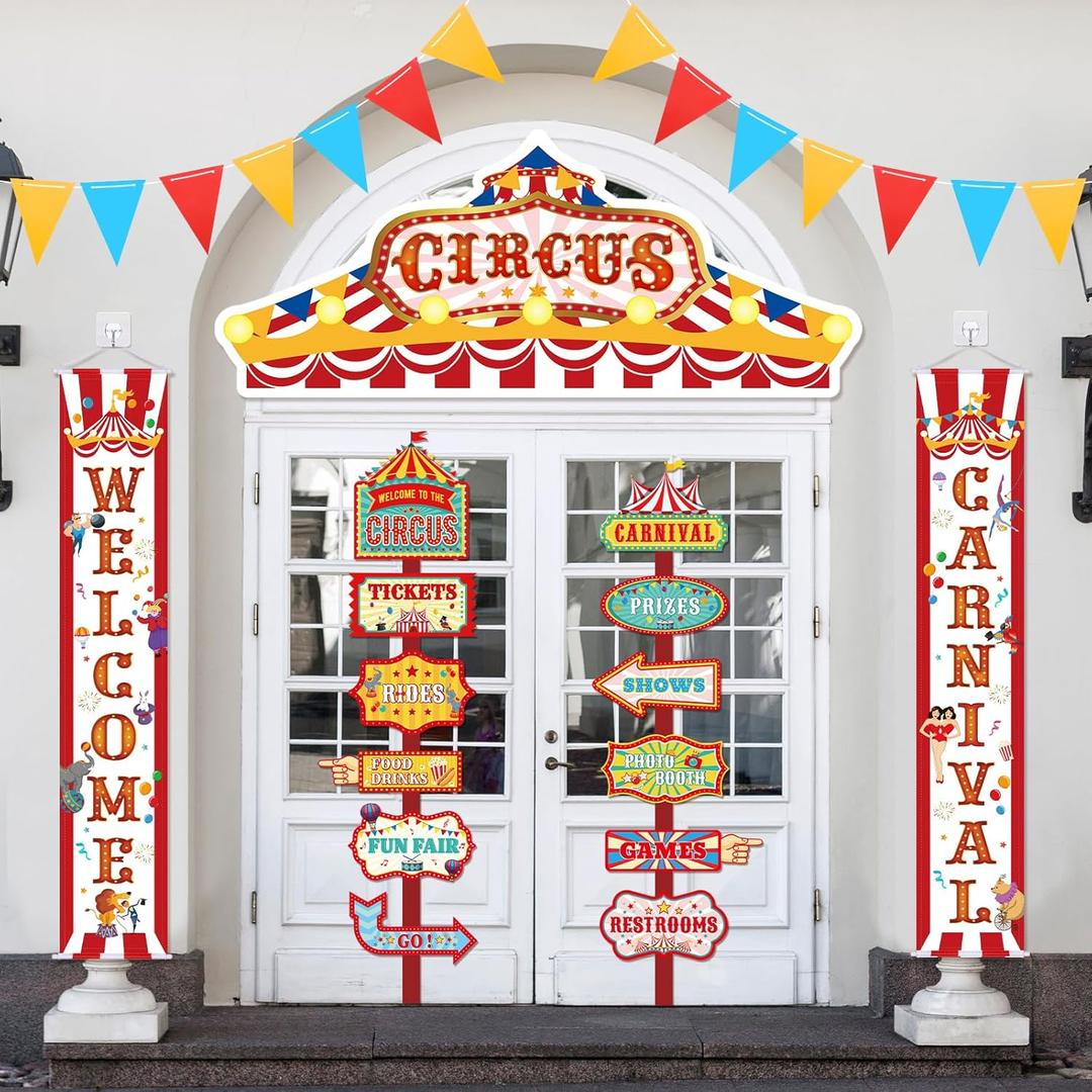 ShinyRelief 15 Pcs Circus Decorations Carnival Striped Awning Porch Banner Carnival Theme Directional Signs Welcome to the Circus for Birthday Party Supplies