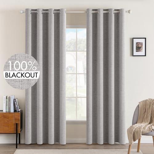 MIULEE Linen Texture 90 Inches Curtains for Bedroom 100% Blackout Thermal Insulated Greyish White Curtains Grommet Room Darkening Drapes for Living Room Nursery 52x90 Inch (1 Panels)