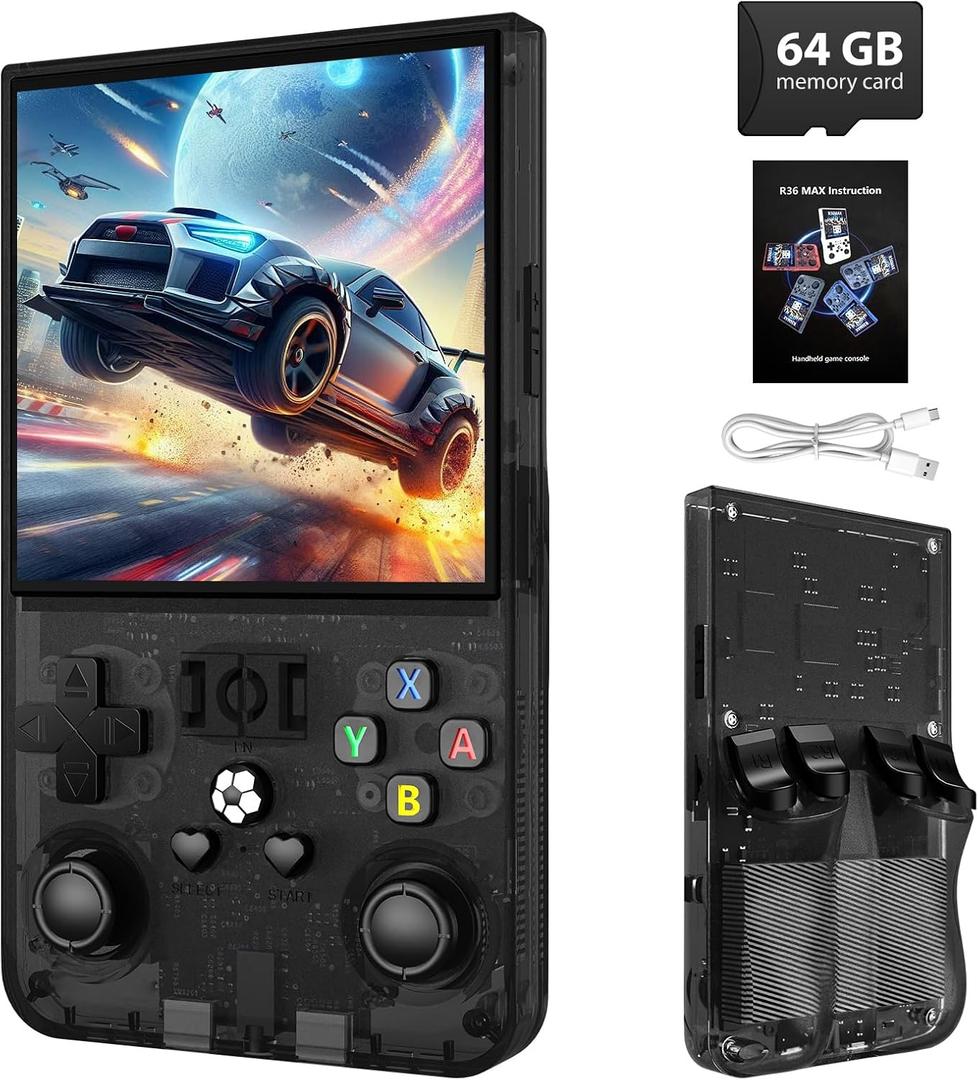 R36MAX Retro Handheld Game Console,64GB Open Source System Support 30+ Emulator Console,4.0 Inch IPS Screen Retro Gaming Console,4000mAh Battery,Video Game Console for Christmas-Transparent Black