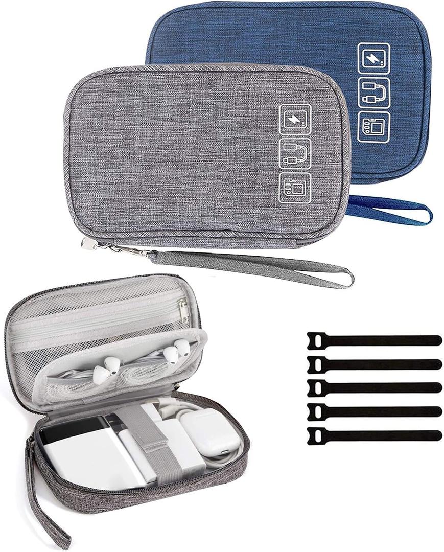 Cable Organizer Bag, 2PCS Travel Cord Organizer Pouch for Electronics Accessories, Charger, Phone, USB, SD Card - With 5pcs Cable Ties (Grey+Blue)