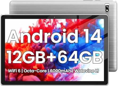 Tablet, 10.1 inch, Android 14 Tablets, Octa-Core, 12GB RAM + 64GB ROM (1TB Expand), 6000mAh Battery, 2.4G+5G Wi-Fi 6, 2MP+8MP Cameras, Bluetooth, 1280x800 FHD IPS (Gray)