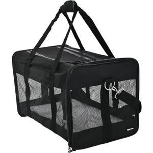 Amazon Basics Airline Approved Soft-Sided Mesh Pet Travel Carrier with Shoulder Strap, Removable Washable Fleece Pad, Top Opening, Ventilation for Dog, Cat, up to 22 pounds, 19.7Lx12Wx12H in., Black