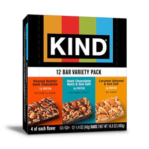 KIND Healthy Snacks Bars Variety Pack, Gluten Free, Low Sugar, High Fiber Snacks, Dark Chocolate Nuts & Sea Salt, Peanut Butter Dark Chocolate, Caramel Almond & Sea Salt, 6-7g Protein, 12 Count (EXP 05/28/26)