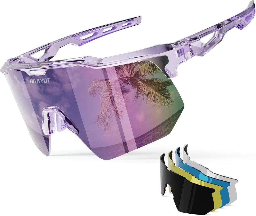 HAAYOT Polarized Sports Sunglasses for Men Women Youth Baseball Cycling Running Softball Biking Glasses 5 Lenses (Transparent Purple)