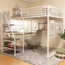 Bellemave Full Size Loft Bed with Desk, Metal Loft Beds with LED Lights & Charging Station, Heavy Duty Metal Loft Bed Frame with Shelves, Safety Guard & Storage Stairs, No Box Spring Needed (White)