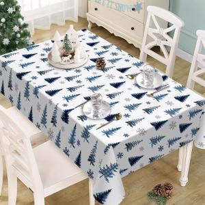 Winter Pine Tree Forest Rectangle Tablecloth 60 x 84 Inches, Watercolor Snowflake Decorative Dining Table Cloth, Farmhouse Christmas Buffalo Plaid Dinner Tablecover Picnic Party Decoration