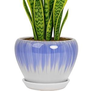 Deep Dream 8 Inch Plant Pots- Ceramic Pots for Plants with Drainage Hole and Saucer, Large Planter Pot for Indoor Plants Outdoor Decor, White&Blue
