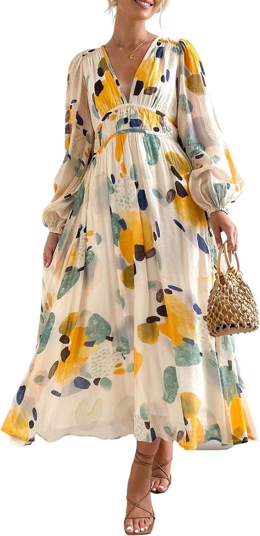 Sissyaki Womens Long Sleeve Summer Maxi Dress 2026 Floral Dress Spring Wedding Guest Dress Yellow-Watercolour XL