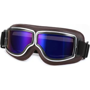 FEISEDY Motorcycle Goggles Vintage Anti Fog Pilot Style Leather Riding Glasses Safety Sport Eyewear B0046 (Brown Frame/Blue Mirrored Lens)
