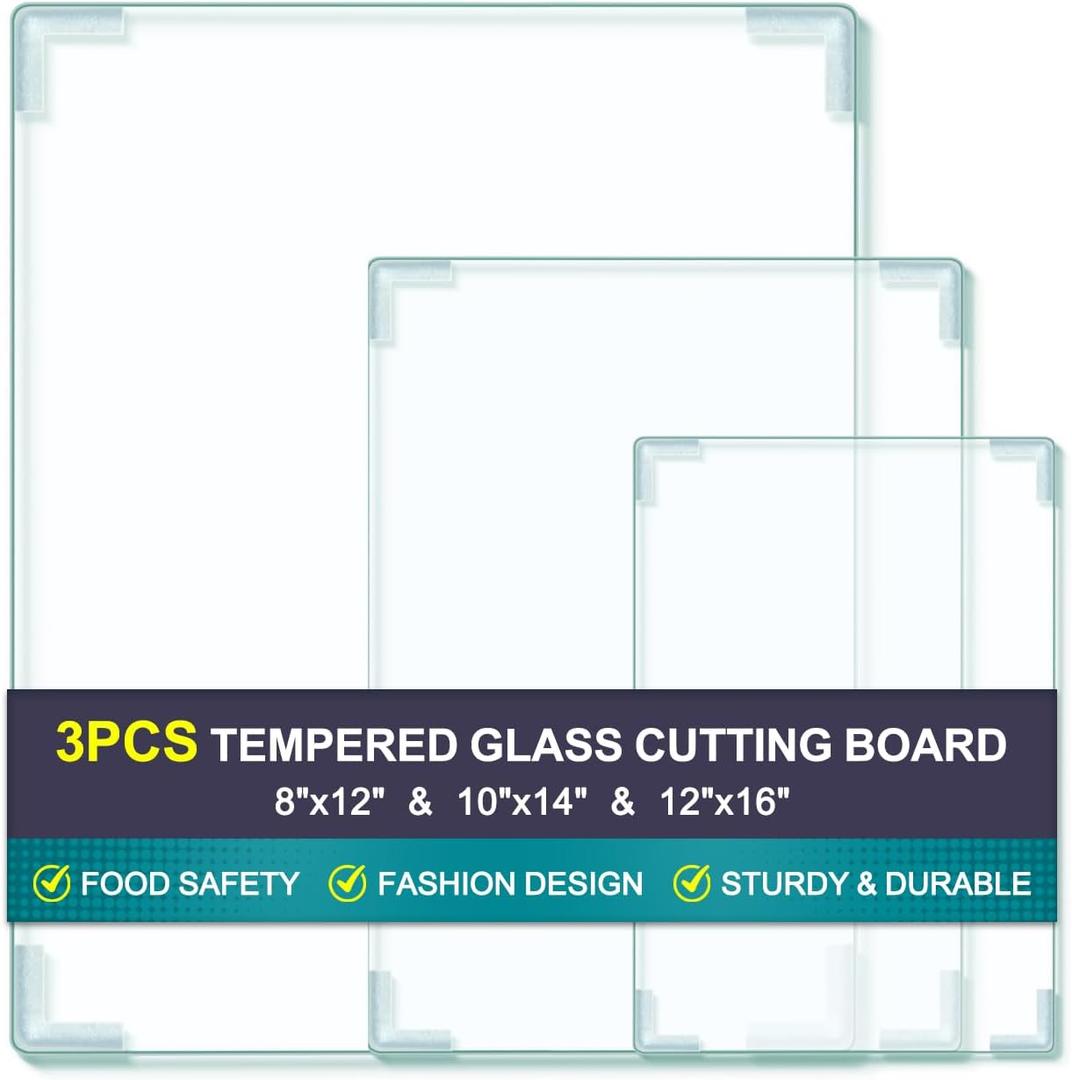 3Pcs Tempered Glass Cutting Board for Kitchen Counter, FAAYUCK Glass Cutting Board with Non-Slip Feet, Heat Resistant, Non-Slip, Scratch Resistant, Shatter Resistant (8"x12"&10"x14"&12"x16")