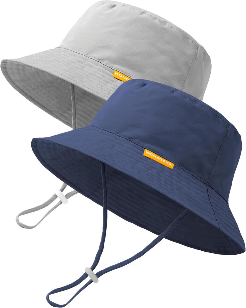 Baby Sun Hat Kids Summer Sun Protection Toddler Bucket Hat Wide Brim Adjustable Beach Hats for Boys Girls Age 0-6 Years (6-24 Months, 2 Pack (Grey + Blue)
