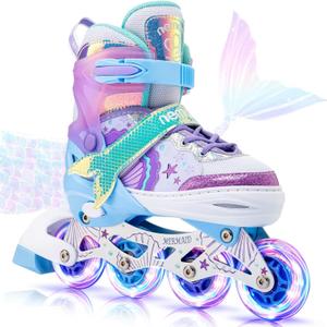 NEMONE Mermaid Inline Skates, 4 Sizes Adjustable Skates for Girls Kids with Light up Wheels, Indoor Beginner Outdoor for Kids Ages 4-6 5-8 6-12 8-12 (Medium - Big Kid, Blue)