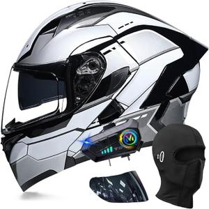 Bluetooth Modular Motorcycle Helmets, DOT Approved Flip Up Full Face Motorcycle Dual Visor Helmet, with Dual Speakers and Microphone, for Adults Men and Women M