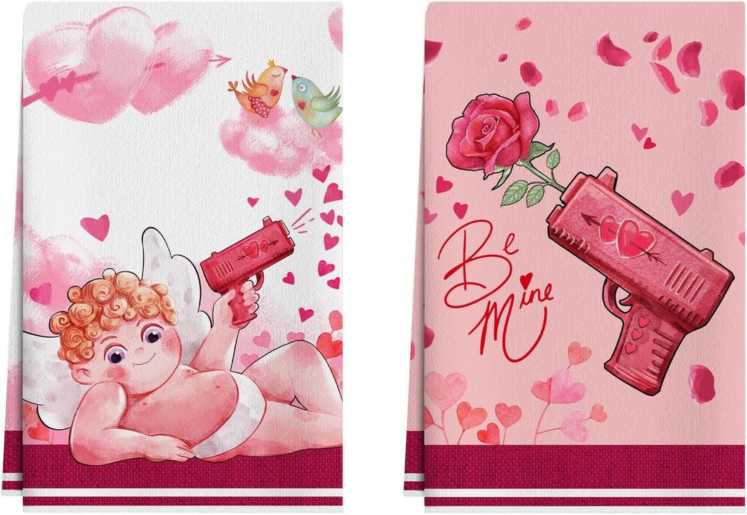 XCHI Love Hearts Cupid Rose Flower Valentine's Day Kitchen Towels Dish Towels 18x26 Inch Home Kitchen Decorations Hand Towels Set of 2 Drying Dishcloth