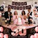 2 x 50th Birthday Decorations for Women, 37pcs 50th Birthday Party Supplies with Black Rose Gold Happy 50th Birthday Banner Backdrop Balloons Hanging Swirls, 50 Years Old Birthday Decorations Kit