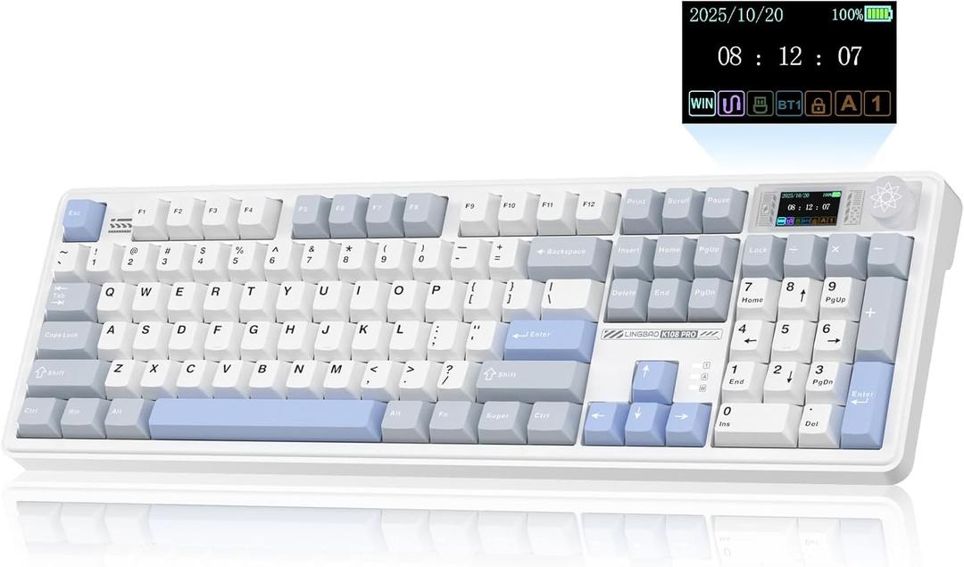 CORBOBO LINGBAO K108 Pro Wireless Mechanical Keyboard with Screen & Knob, Full Size Creamy Keyboard with Number Pad, 10000mAh Battery, PBT Keycaps, RGB Backlit, Hot-swappable Gaming Keyboards
