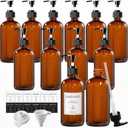 TBWIND 12 Pack Amber Glass Bottles 16oz with Pump Dispensers, Refillable Empty Pump Bottles for Bathroom, Kitchen, Shampoo, Soap, Lotion  Includes 2 Funnels & 12 Labels