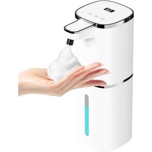 Automatic Foaming Soap Dispenser Touchless, USB Rechargeable Smart Hand Soap Dispenser, 9-Level Adjustable, Physical Button Operation, 13.5oz/400mL Wall Mounted for Bathroom Kitchen Dish Soap (White)