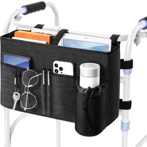 Rhino Valley Walker Bag, Multi Pockets Folding Walker Basket Tote Bag with Cup Holder, Hand-free Carry Pouch Storage Bag for Universal Walkers, Large Capacity Organizer for Seniors Elderly, Black