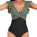 B2prity Women's One Piece Swimsuit Ruffle Slimming Tummy Control Bathing Suit Criss Cross High Waist 1 Piece Swimwear (X-Large, Army Green, Black)