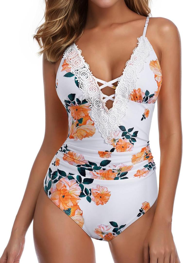 SUUKSESS Women Sexy Lace V Neck One Piece Swimsuit Tummy Control Bathing Suit (Small, 64 White Floral)