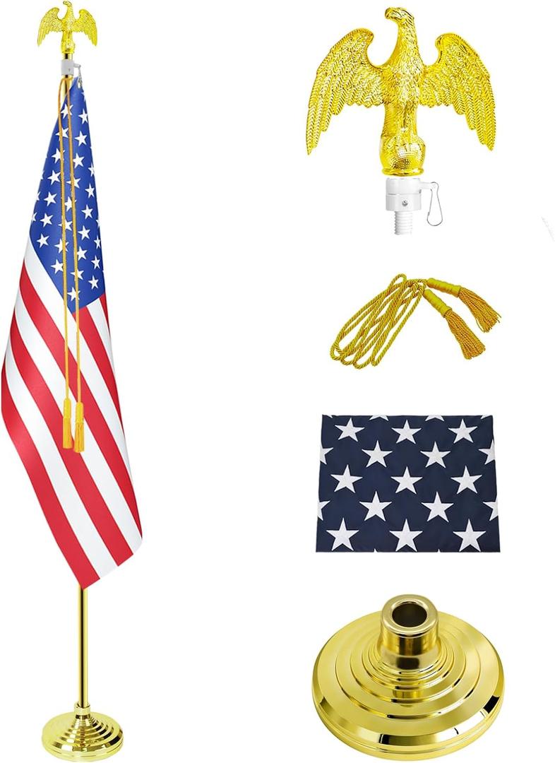 Indoor Flag Pole Kit - Telescoping 6FT-8FT Flag Pole with Base, 3x5 FT American Flag, Eagle Topper, Gold Braided Cord Tassel - Glod Flagpole and Stand, for Office School City Hall(1Pack)